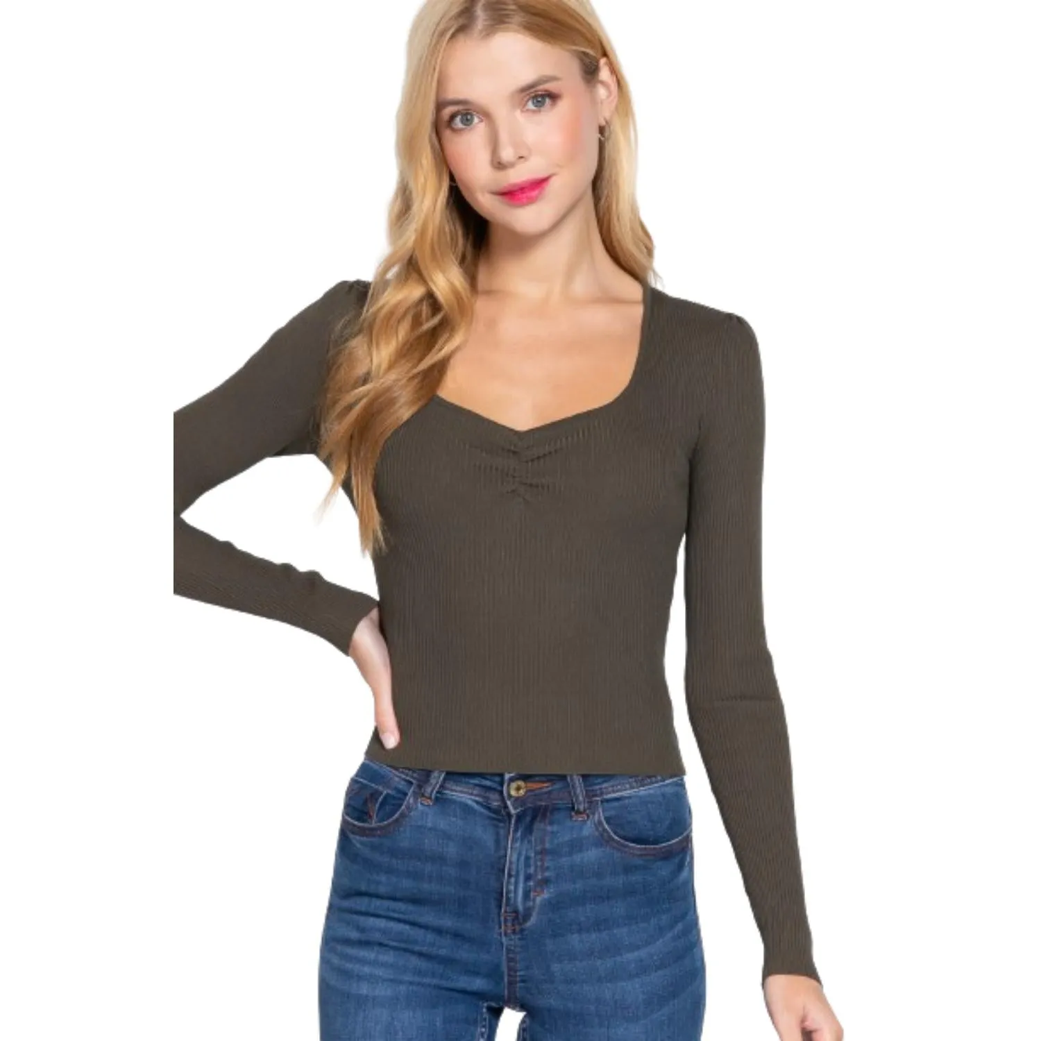 Shirring Sweatheart Neck Sweater