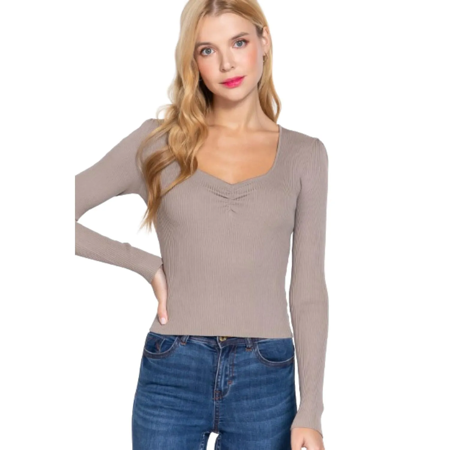 Shirring Sweatheart Neck Sweater