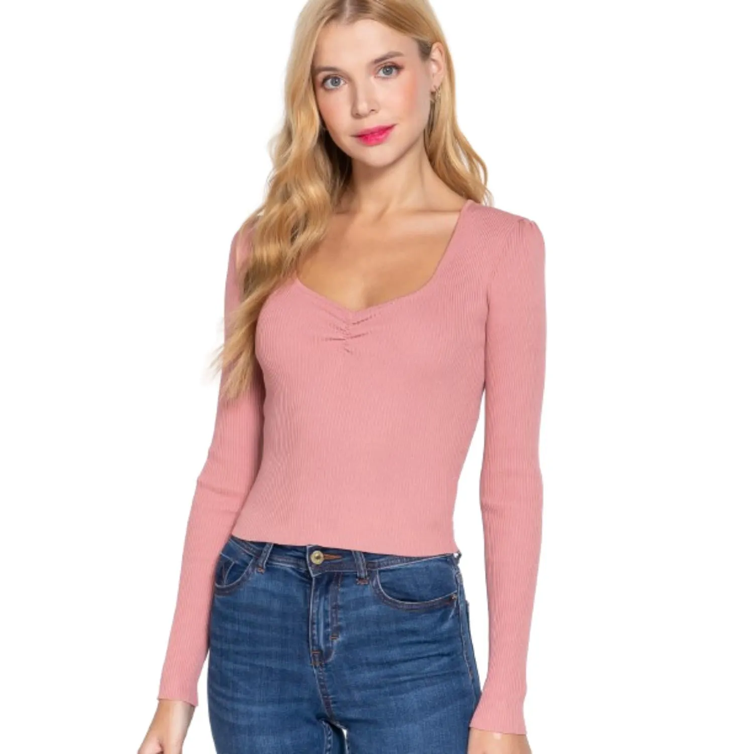 Shirring Sweatheart Neck Sweater
