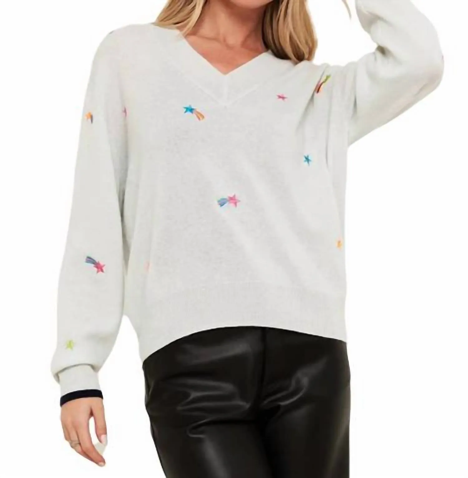 Shooting Star V Neck Sweater Top In Pearl Blue
