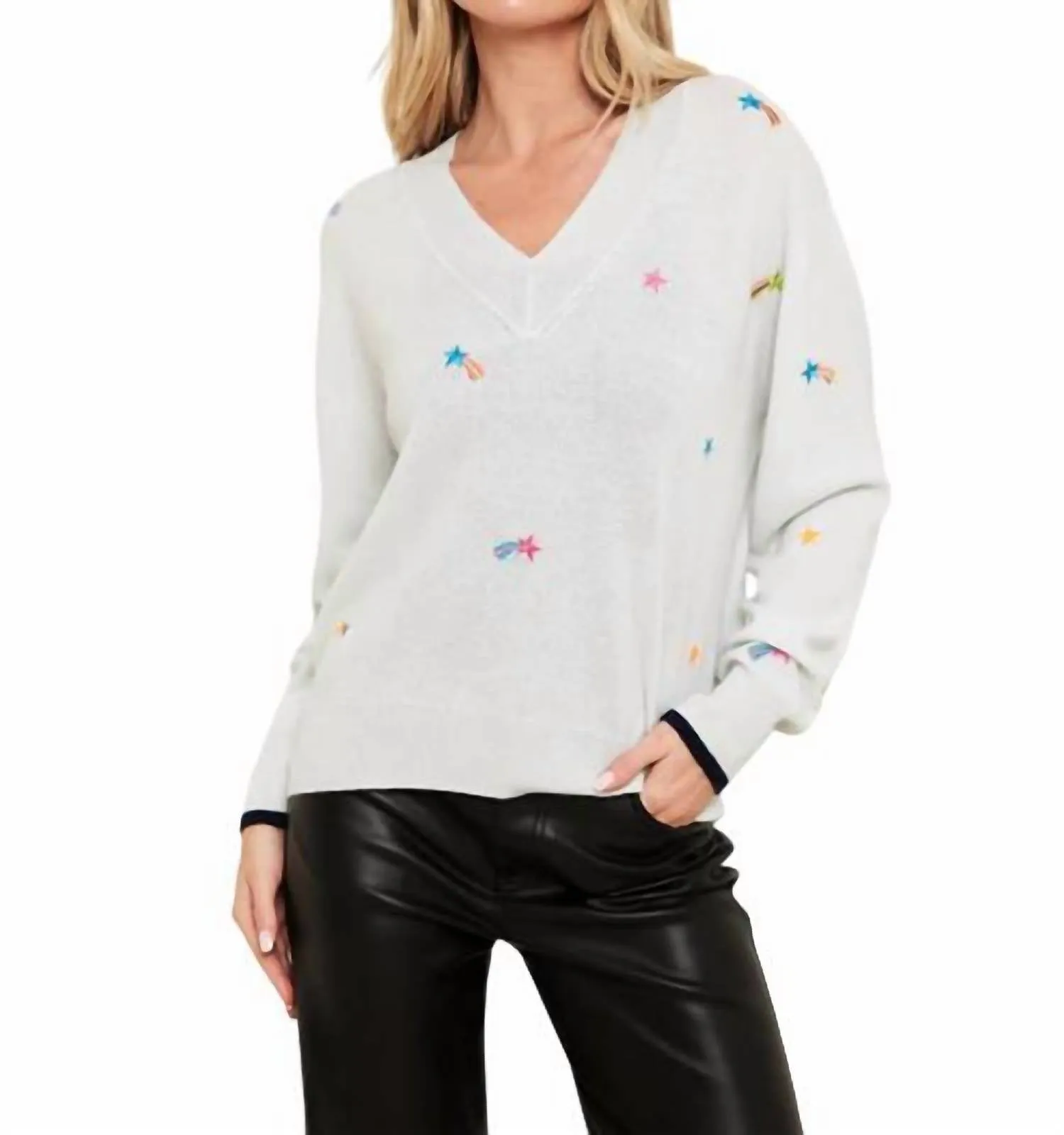 Shooting Star V Neck Sweater Top In Pearl Blue