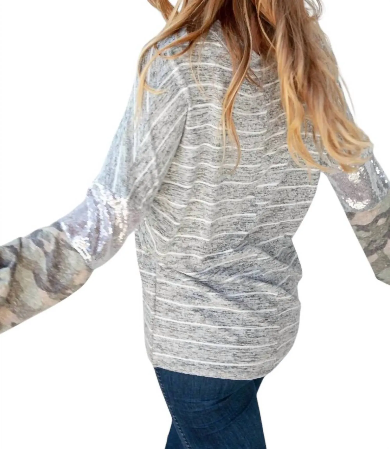 Silver Sequin Camo Sleeve Sweater In Grey