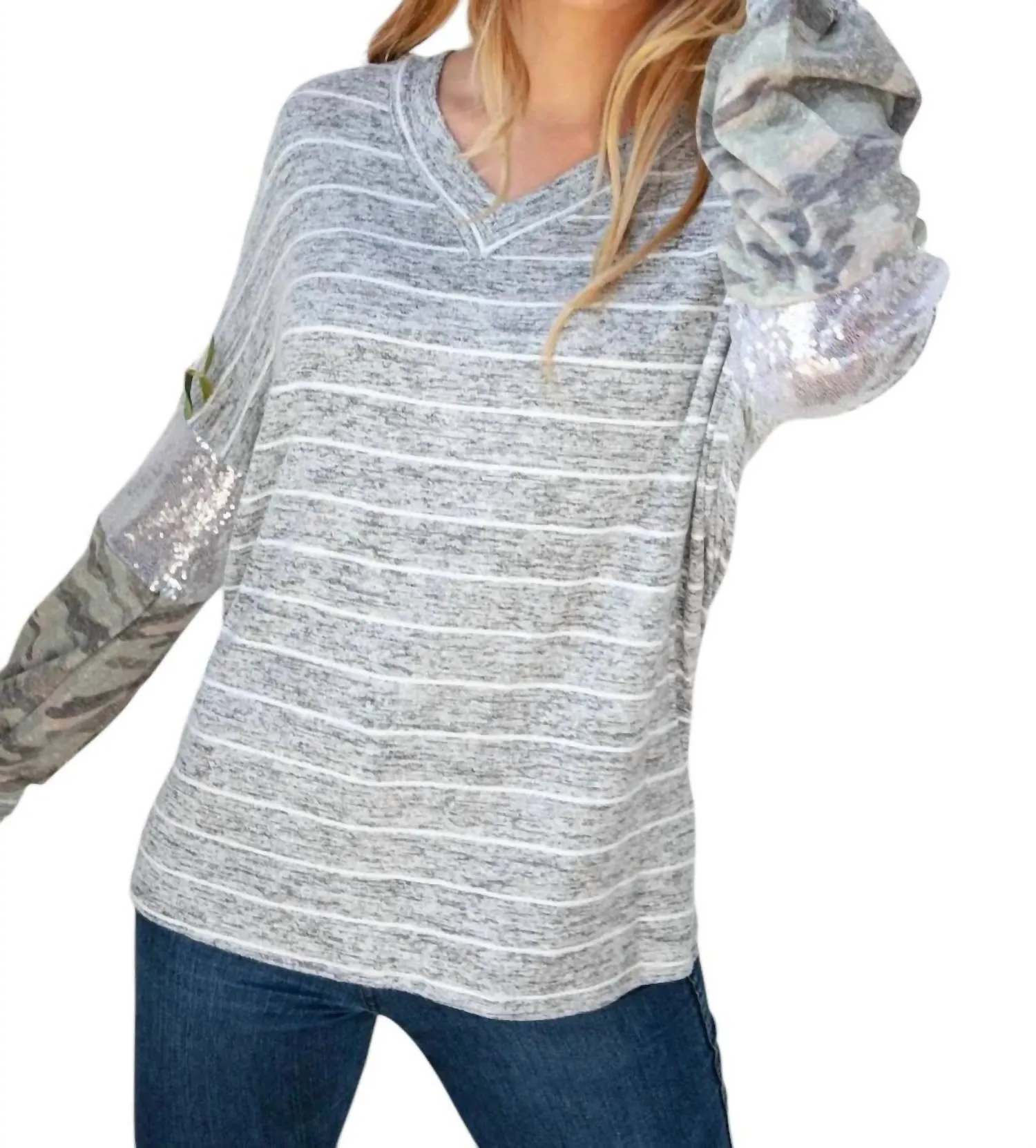 Silver Sequin Camo Sleeve Sweater In Grey