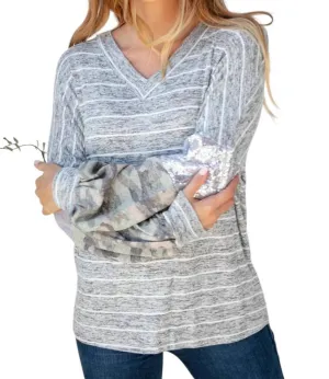 Silver Sequin Camo Sleeve Sweater In Grey