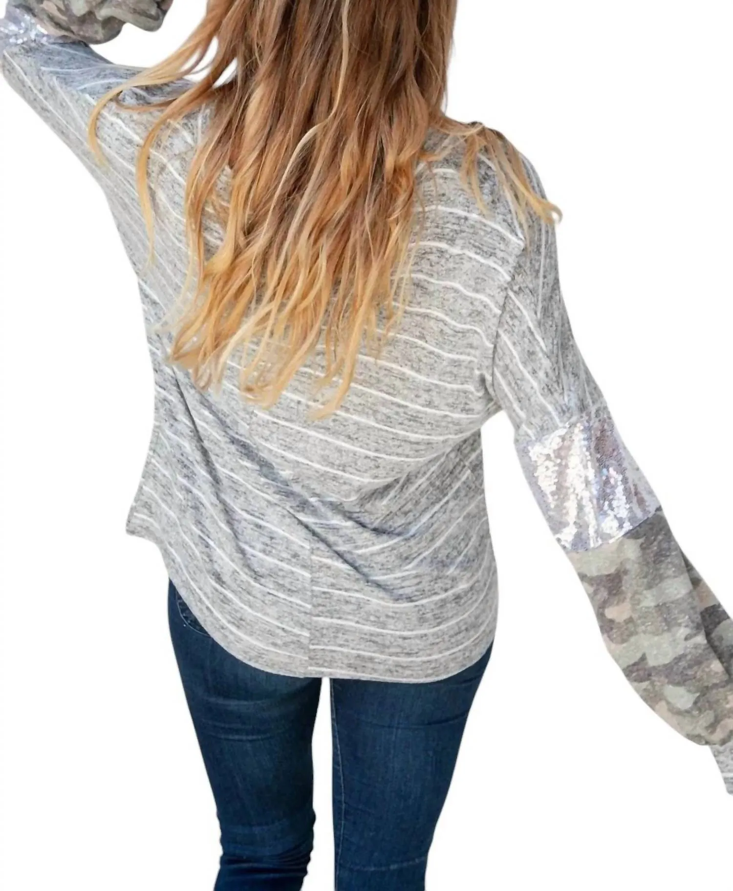Silver Sequin Camo Sleeve Sweater In Grey