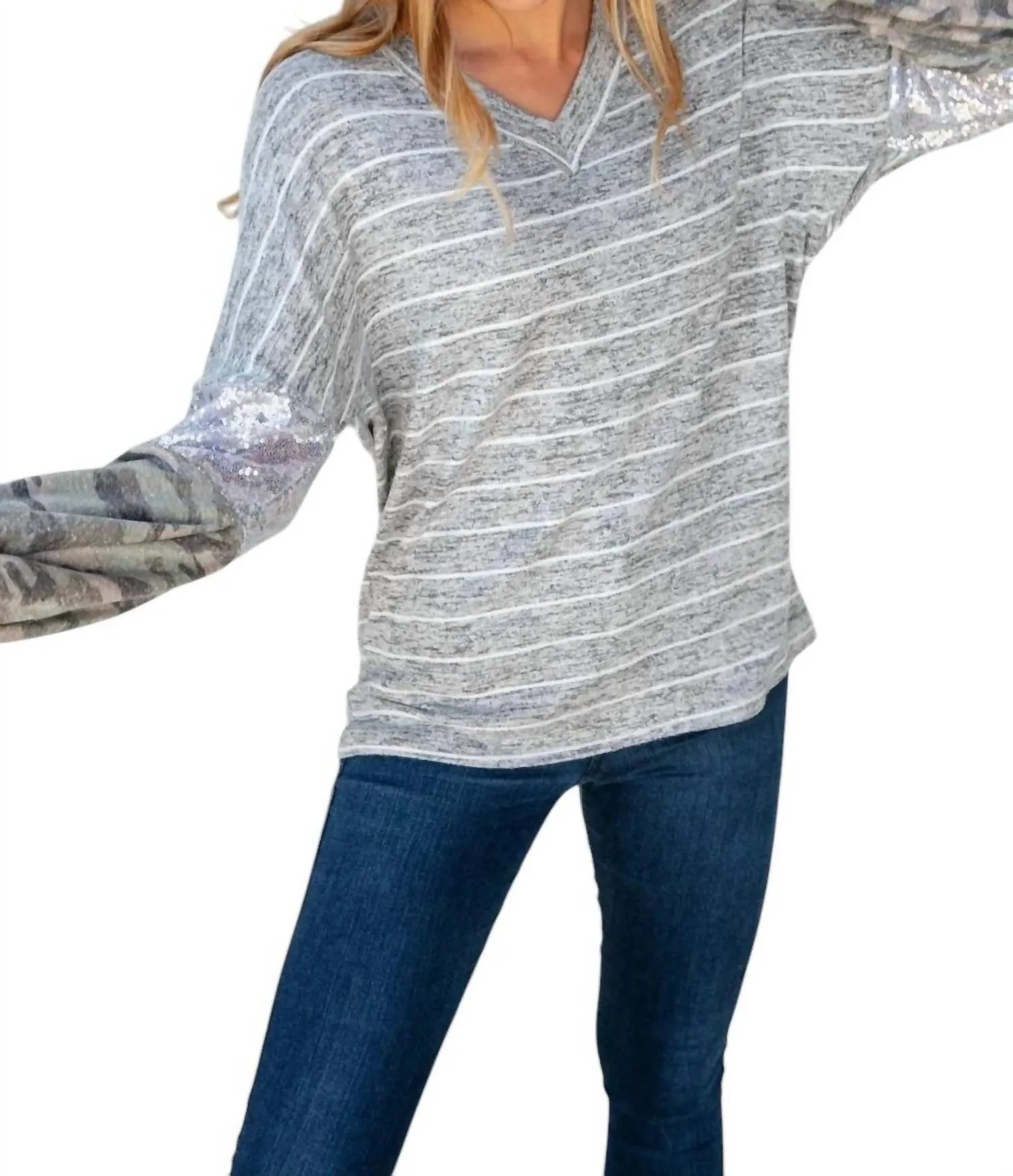 Silver Sequin Camo Sleeve Sweater In Grey