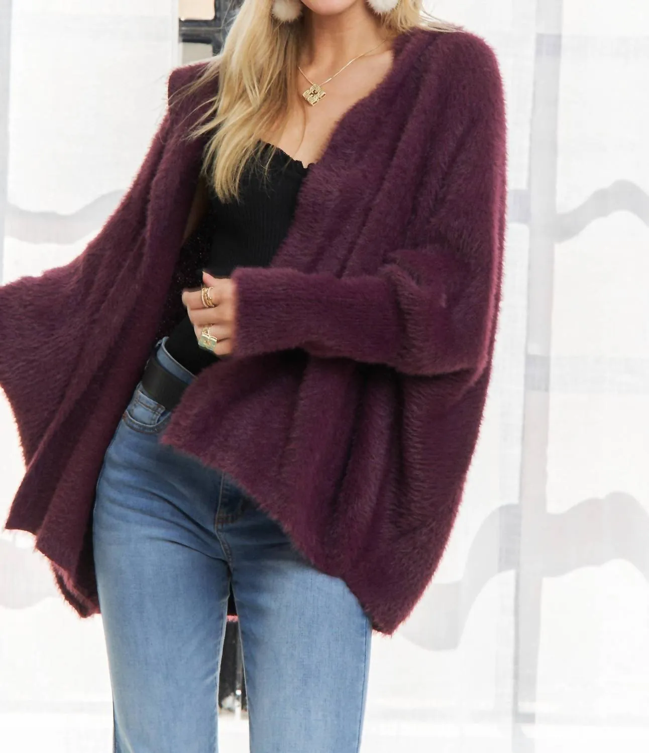 Soft Fuzzy Sweater Hoodie Cardigan In Eggplant