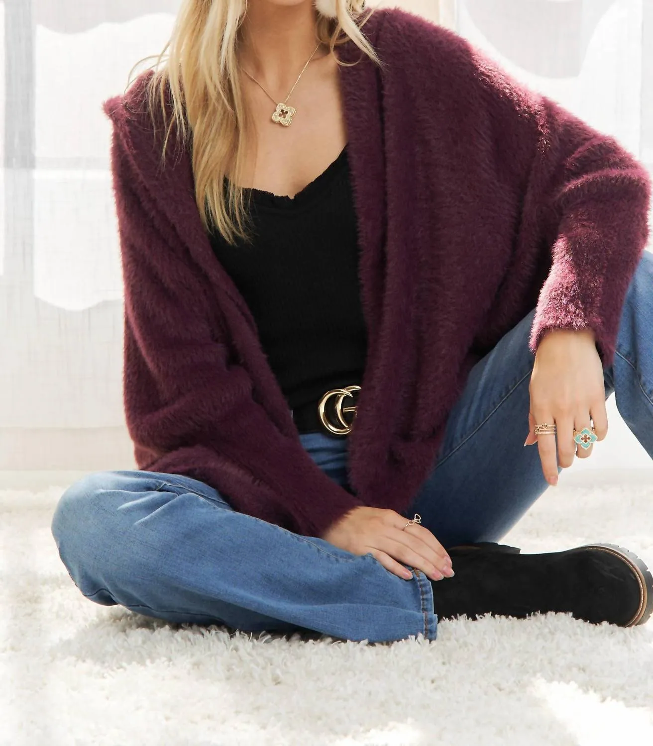 Soft Fuzzy Sweater Hoodie Cardigan In Eggplant