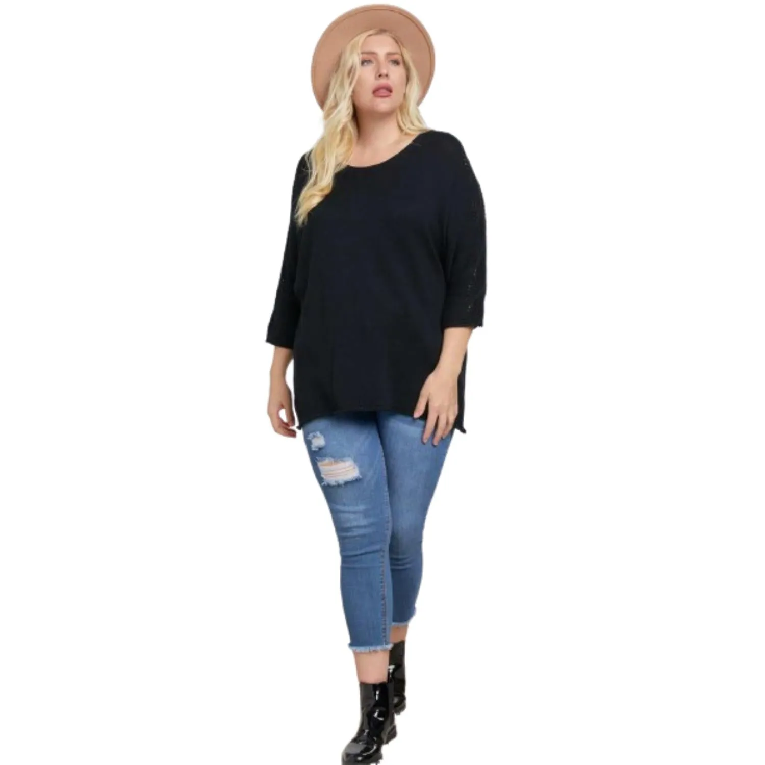 Solid Round Neck 3/4 Sleeve Sweater Top