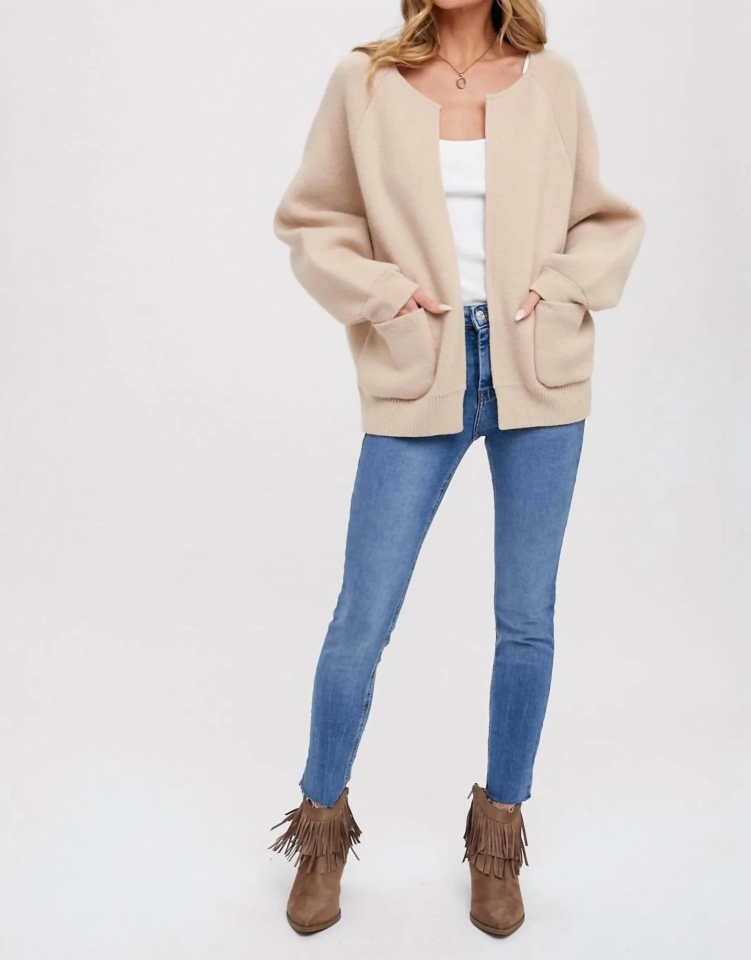 Stacie Open Front Cardigan In Taupe