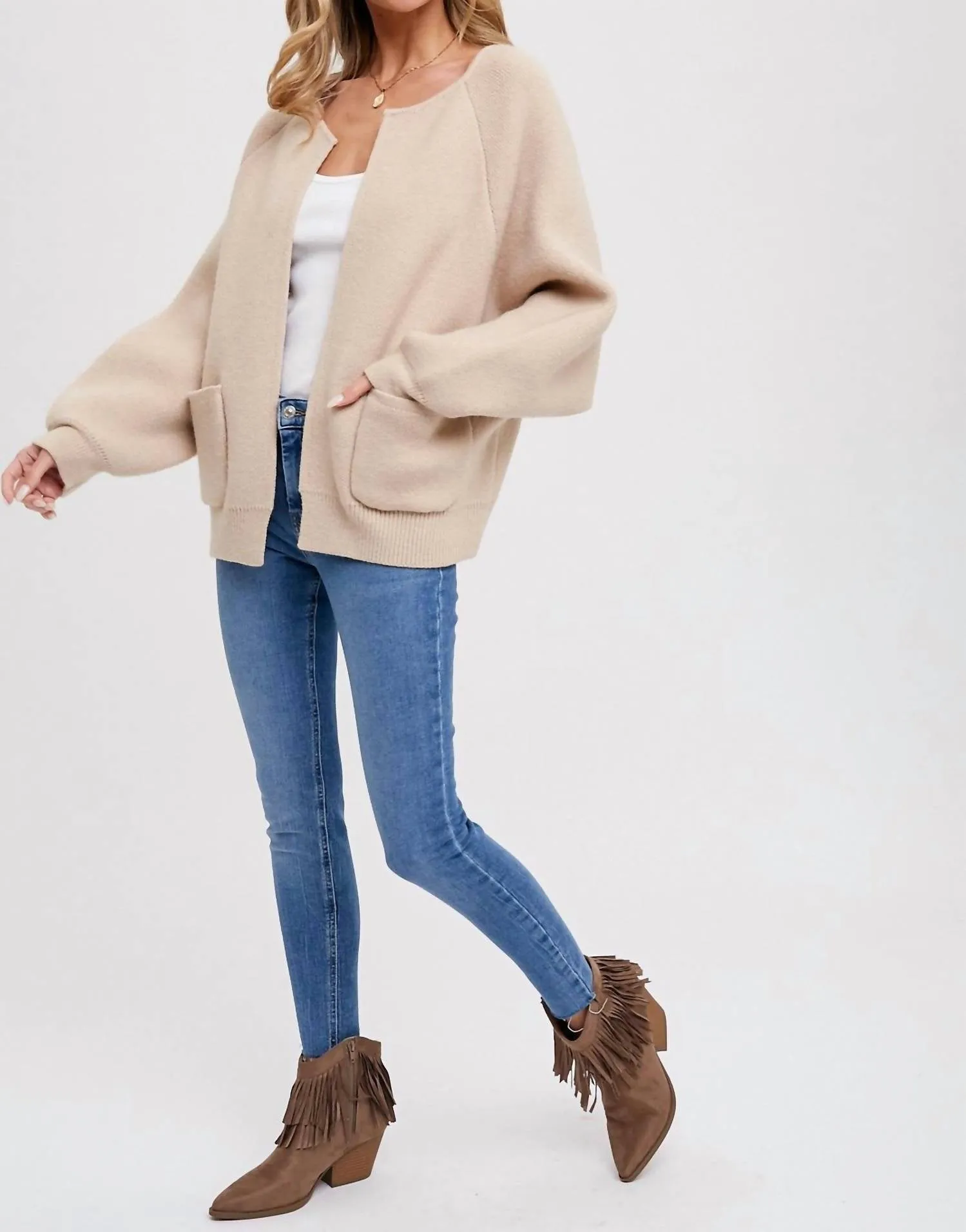 Stacie Open Front Cardigan In Taupe