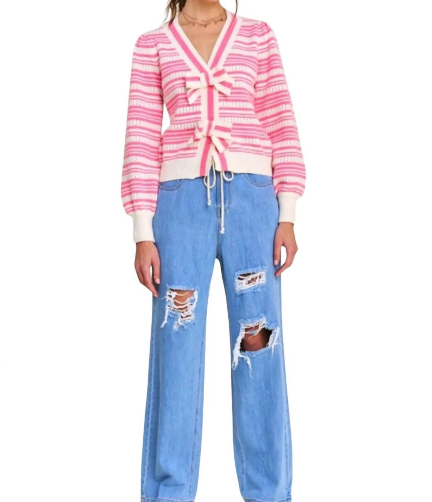 Stripe Knit Cardigan In Pink
