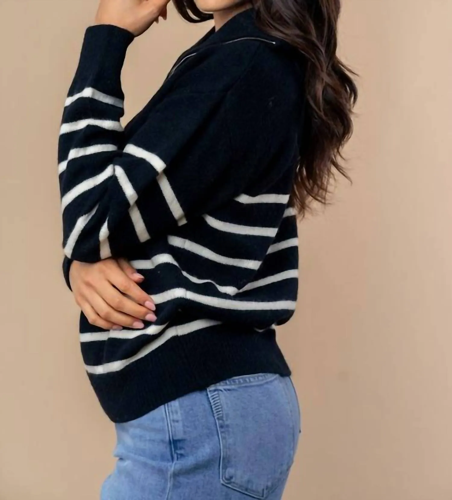 Striped 1/4 Zip Sweater In Black