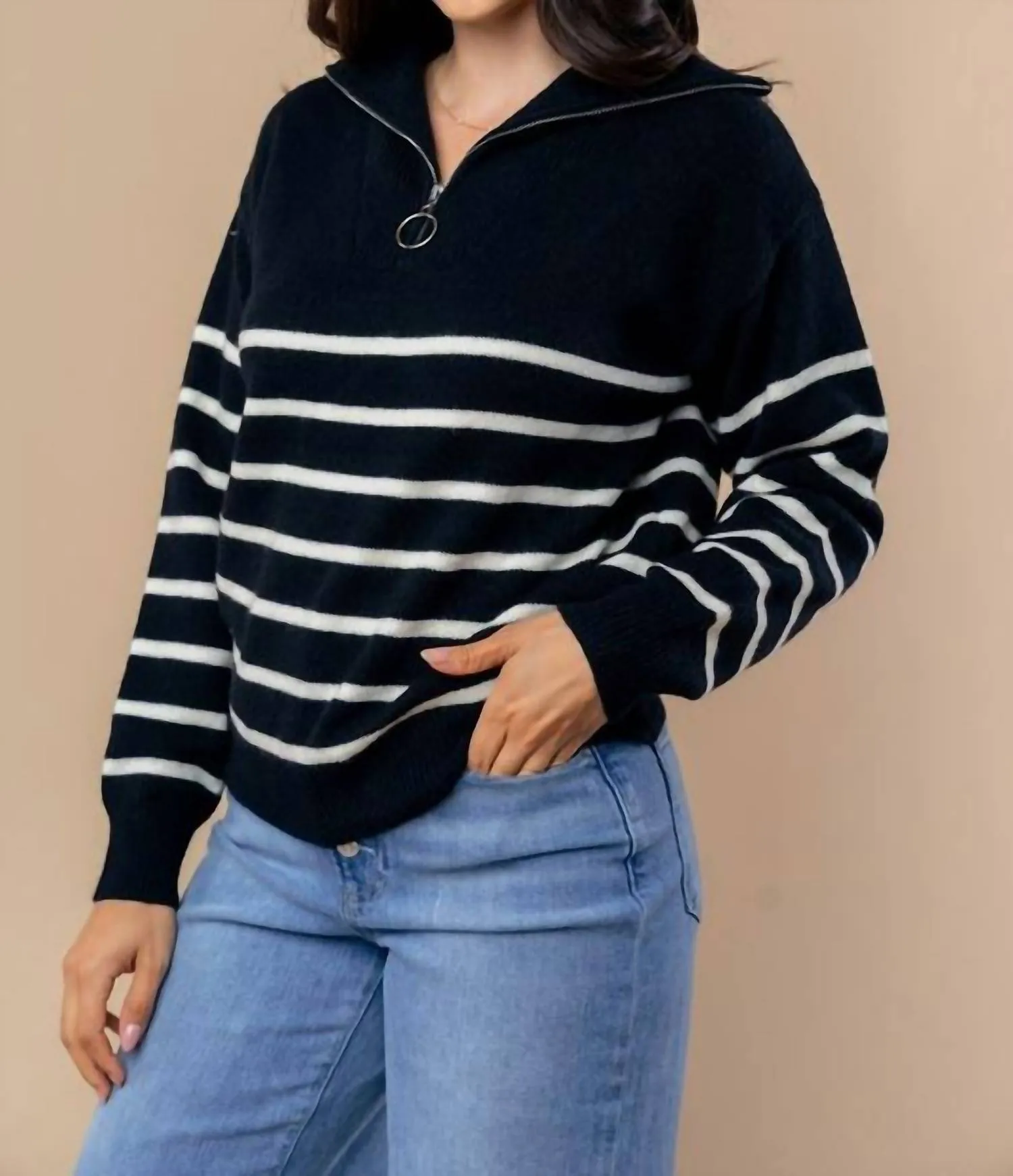 Striped 1/4 Zip Sweater In Black