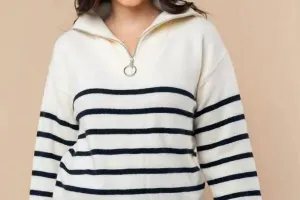 Striped 1/4 Zip Sweater In Cream