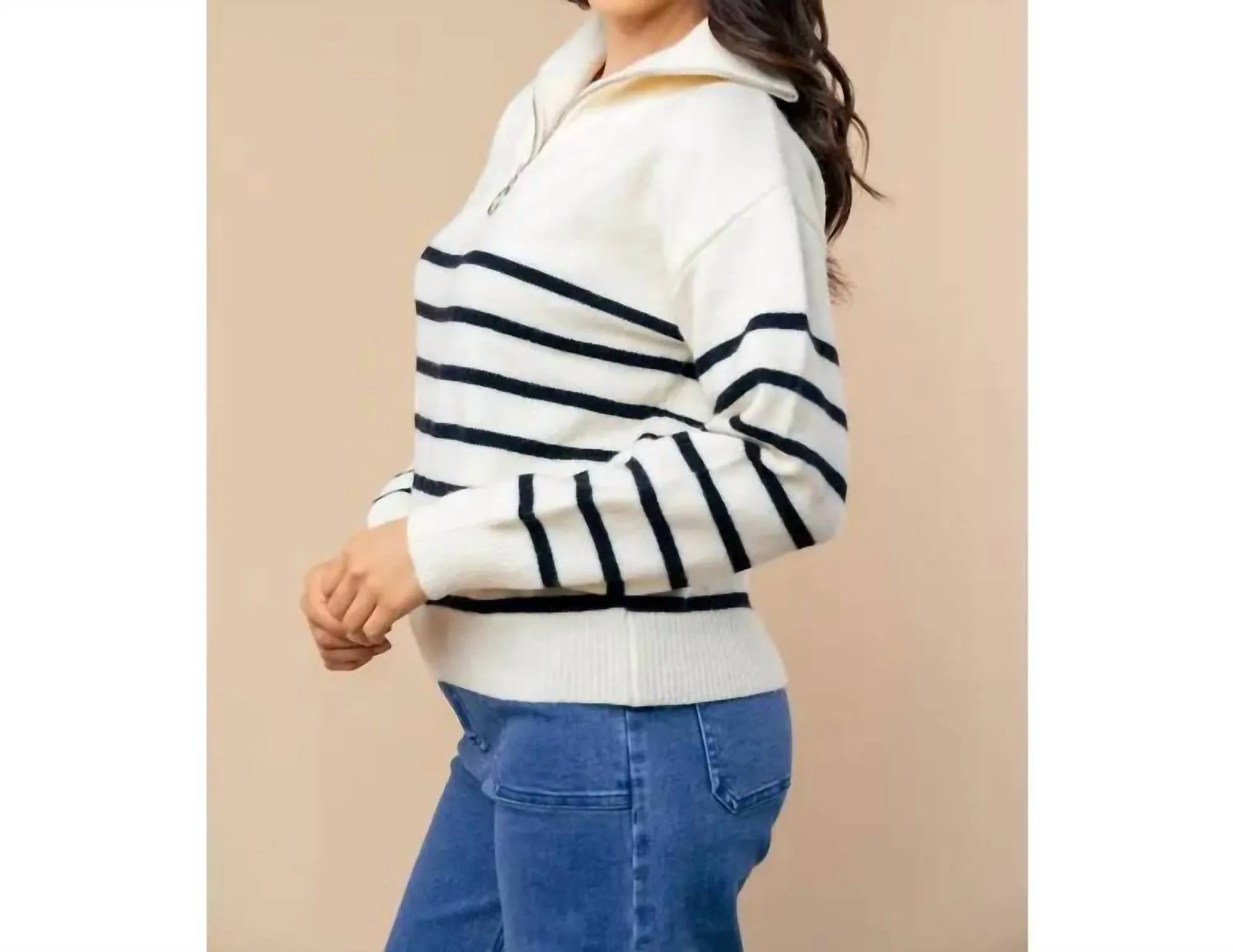 Striped 1/4 Zip Sweater In Cream