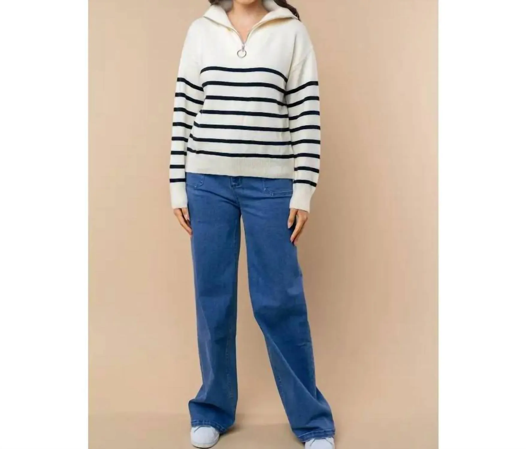Striped 1/4 Zip Sweater In Cream
