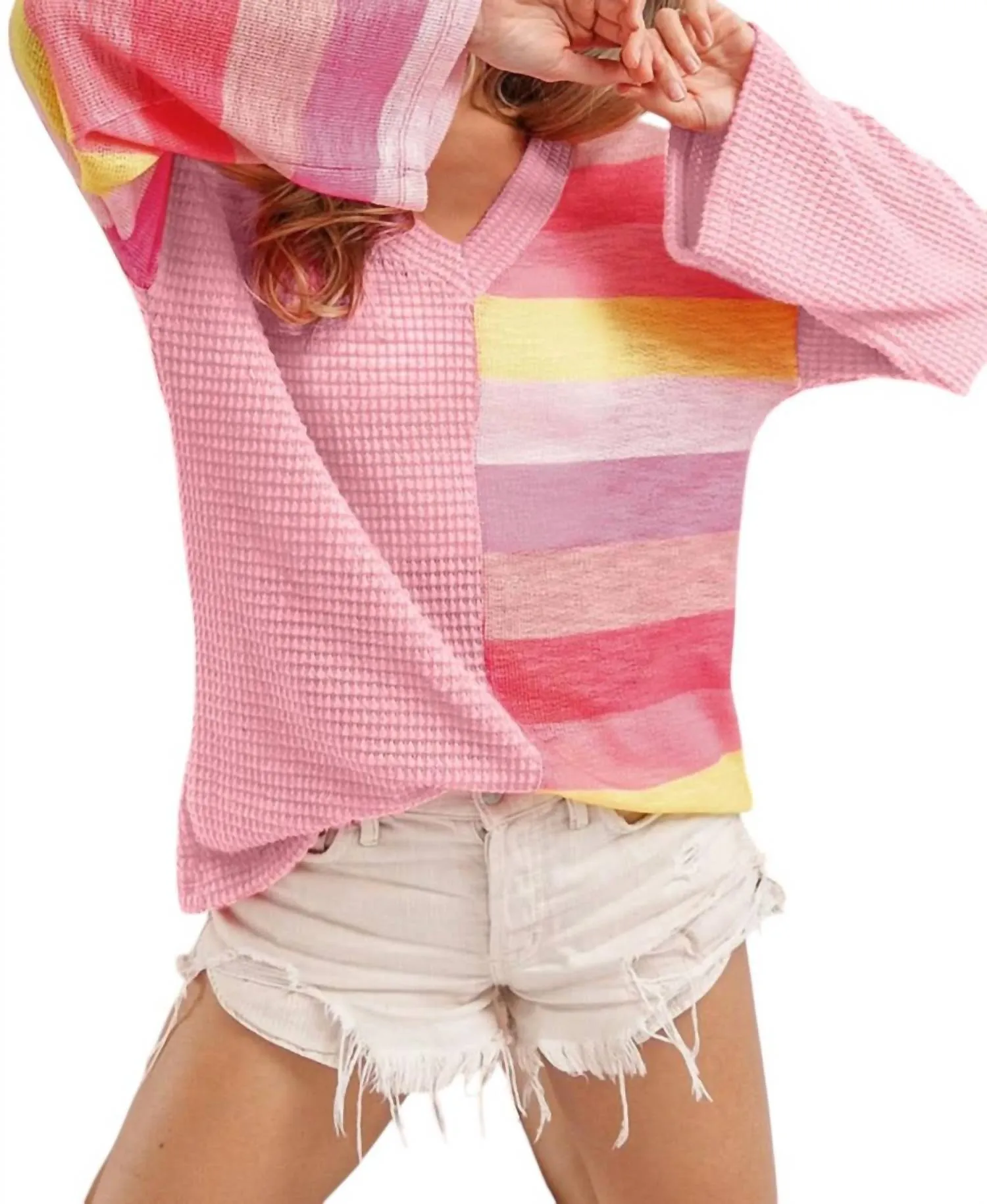 Striped Contrast Waffle Long Sleeve Top In Pink