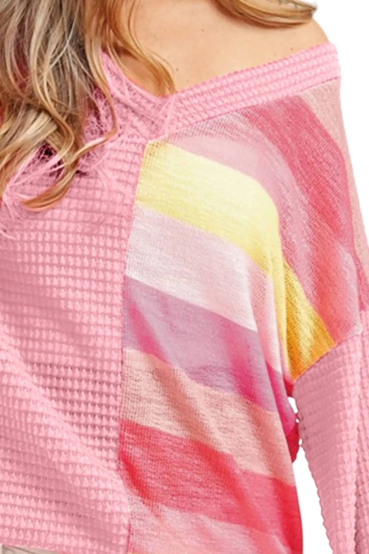 Striped Contrast Waffle Long Sleeve Top In Pink