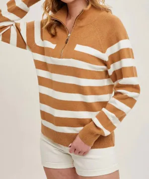 Striped Half Zipped Knit Sweater In Latte Stripe
