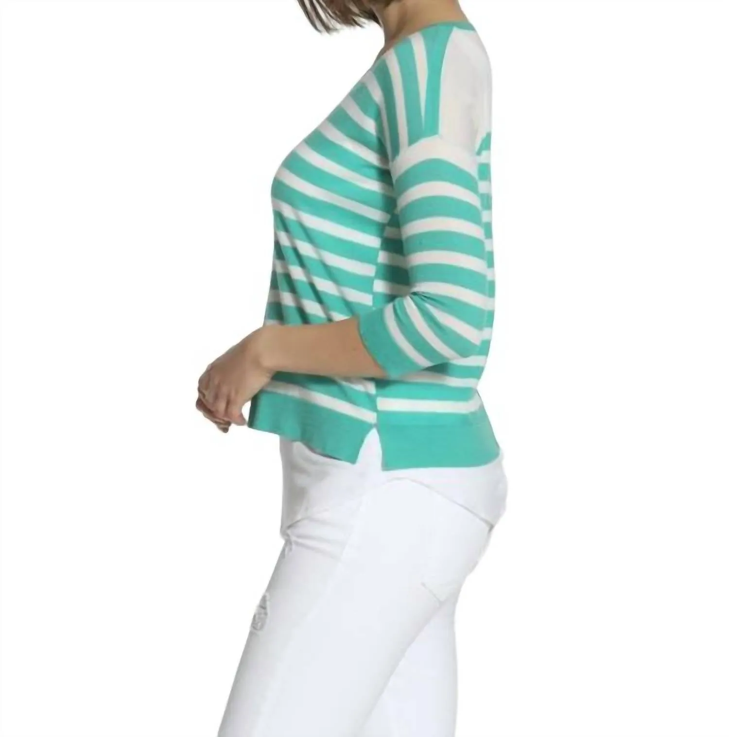 Striped Swing V Neck Sweater In Turquoise/white