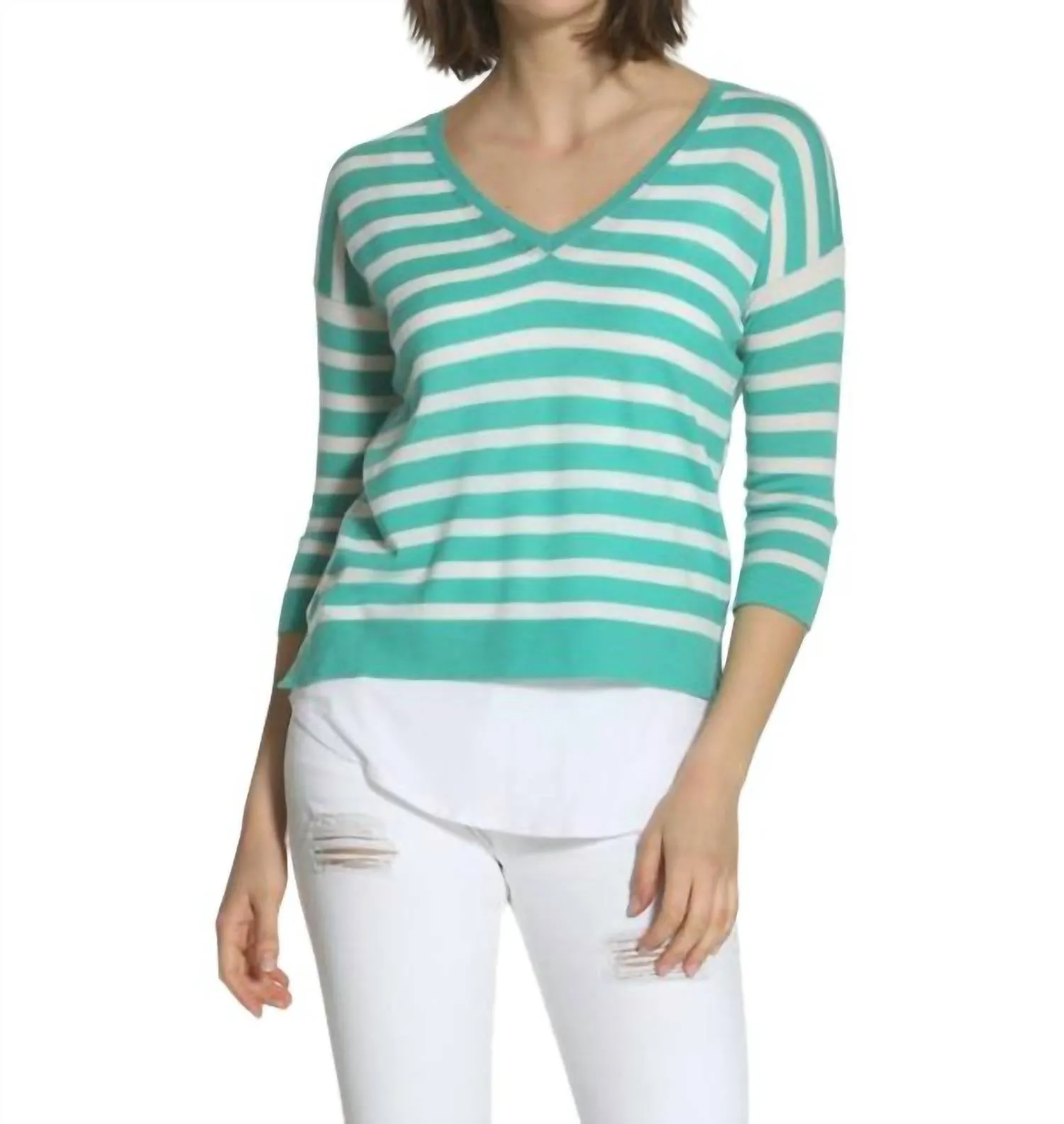 Striped Swing V Neck Sweater In Turquoise/white