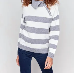 Striped Turtleneck Sweater With Zipper Detail In Grey