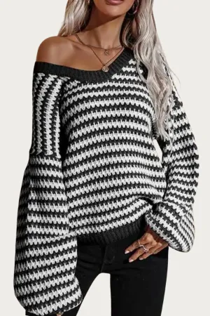Striped V-Neck Knit Sweater In Black/white