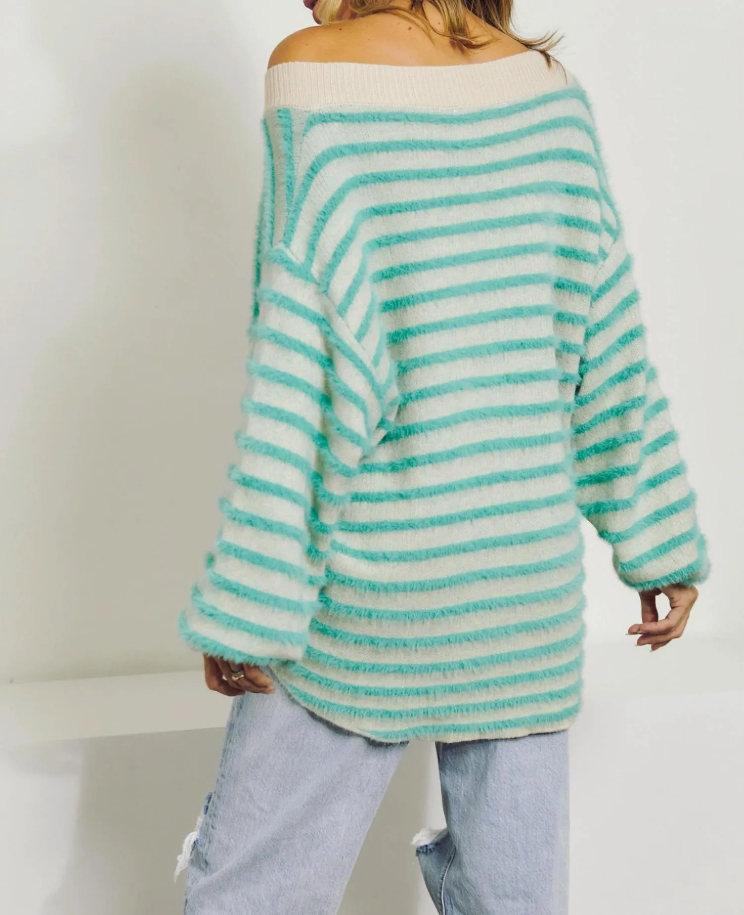 Striped V-Neck Sweater In Light Teal