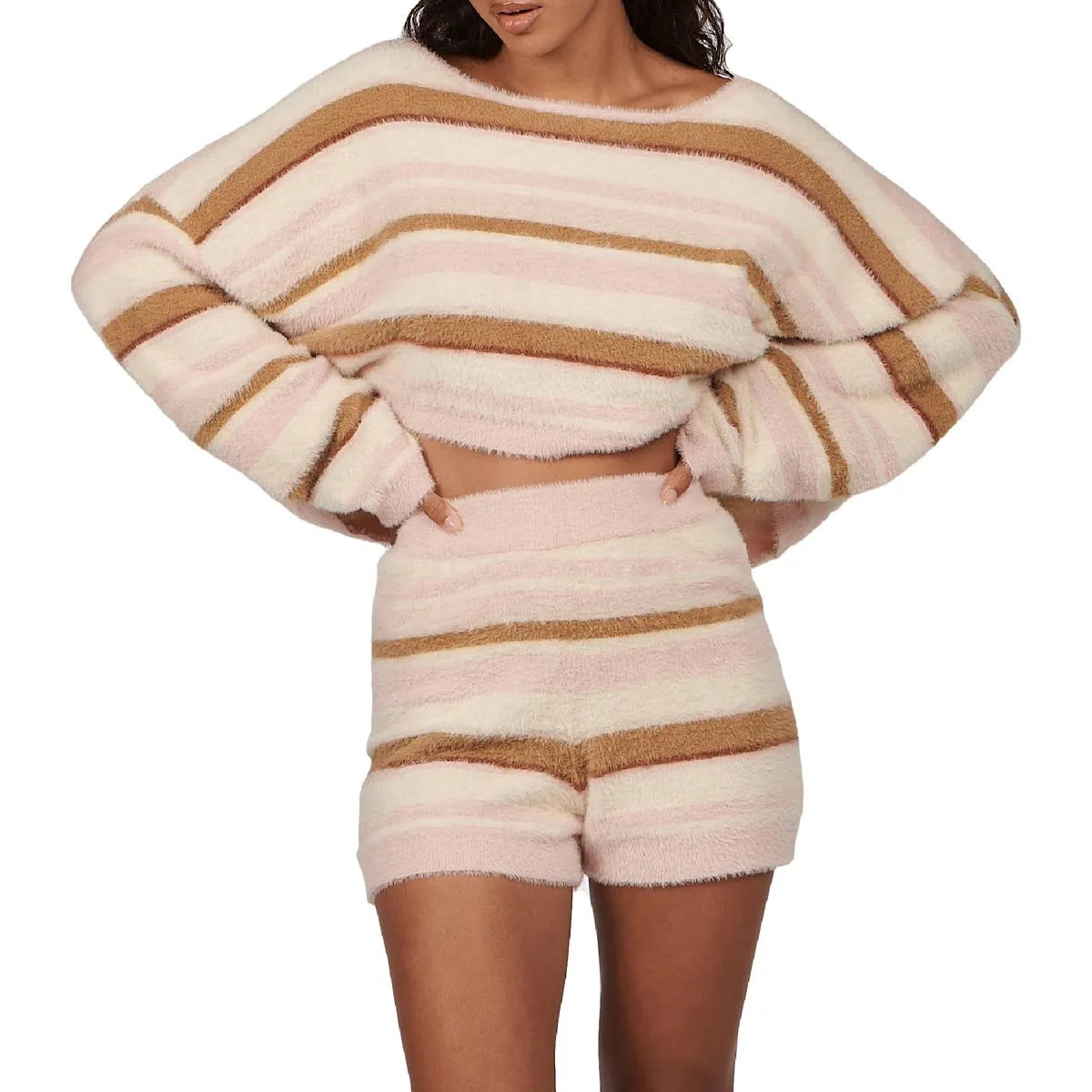 Tellow Knit Womens Striped Crop Pullover Sweater