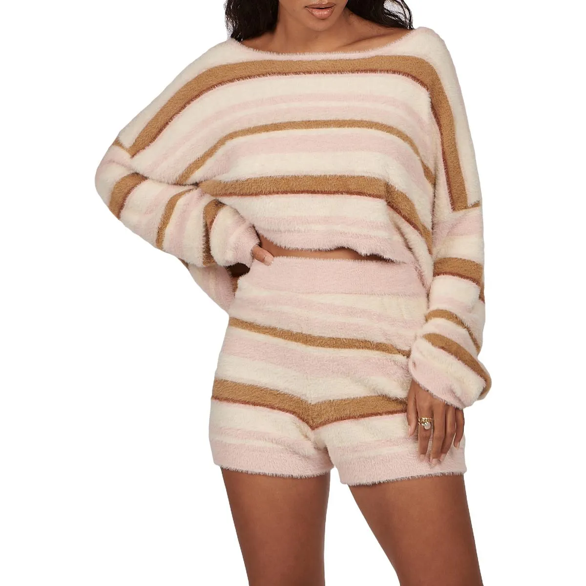 Tellow Knit Womens Striped Crop Pullover Sweater