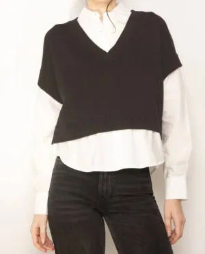 Tessa Crop V Neck Twofer Sweater In Black/white