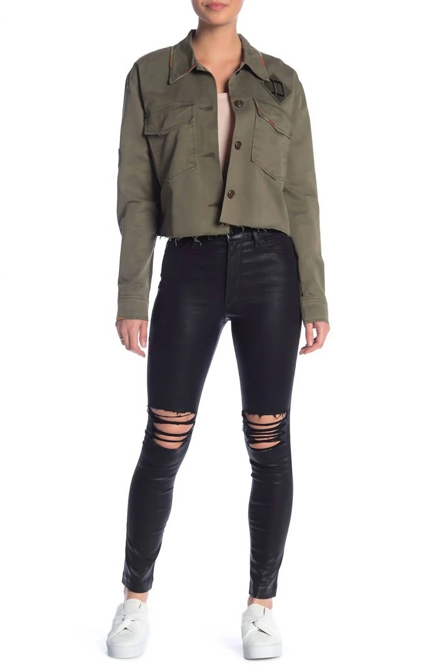The Charlie Coated High Rise Distressed Ankle Skinny Jeans In Black