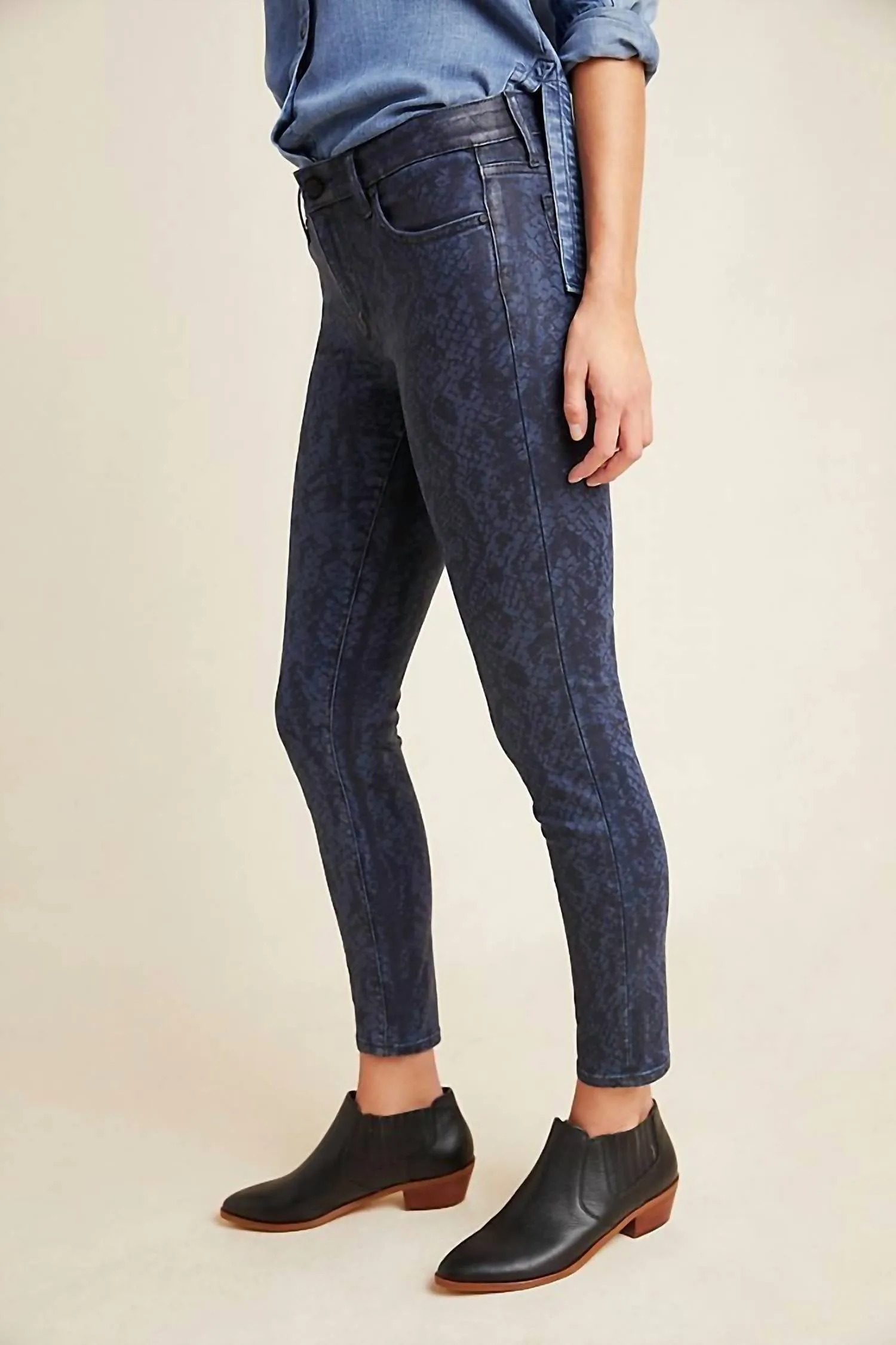 The Charlie High Rise Coated Snake Print Skinny Jeans In Navy Blue