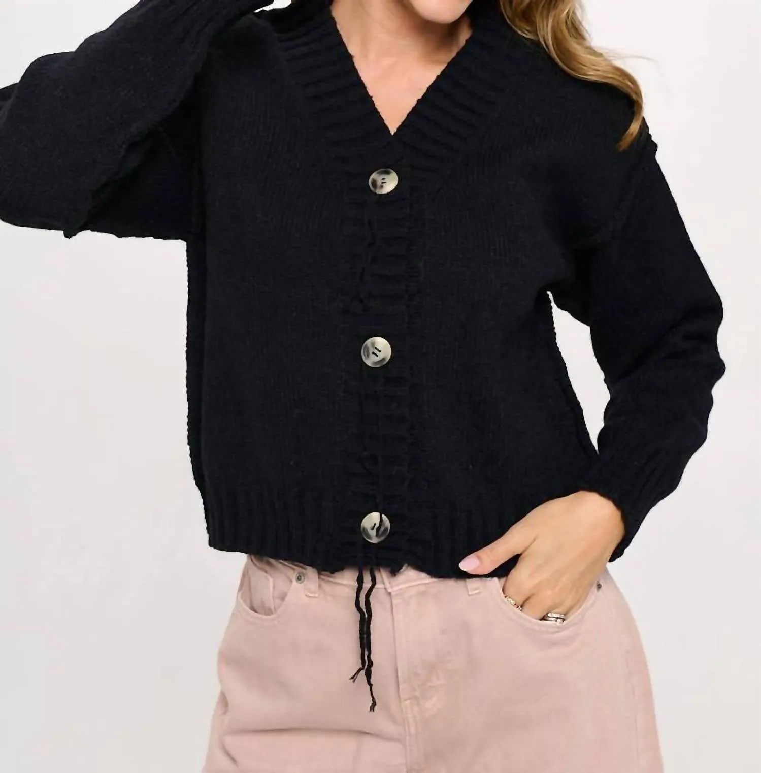 Thick Knit Long Sleeve Cardigan With Buttons In Black