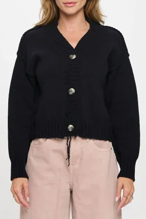 Thick Knit Long Sleeve Cardigan With Buttons In Black