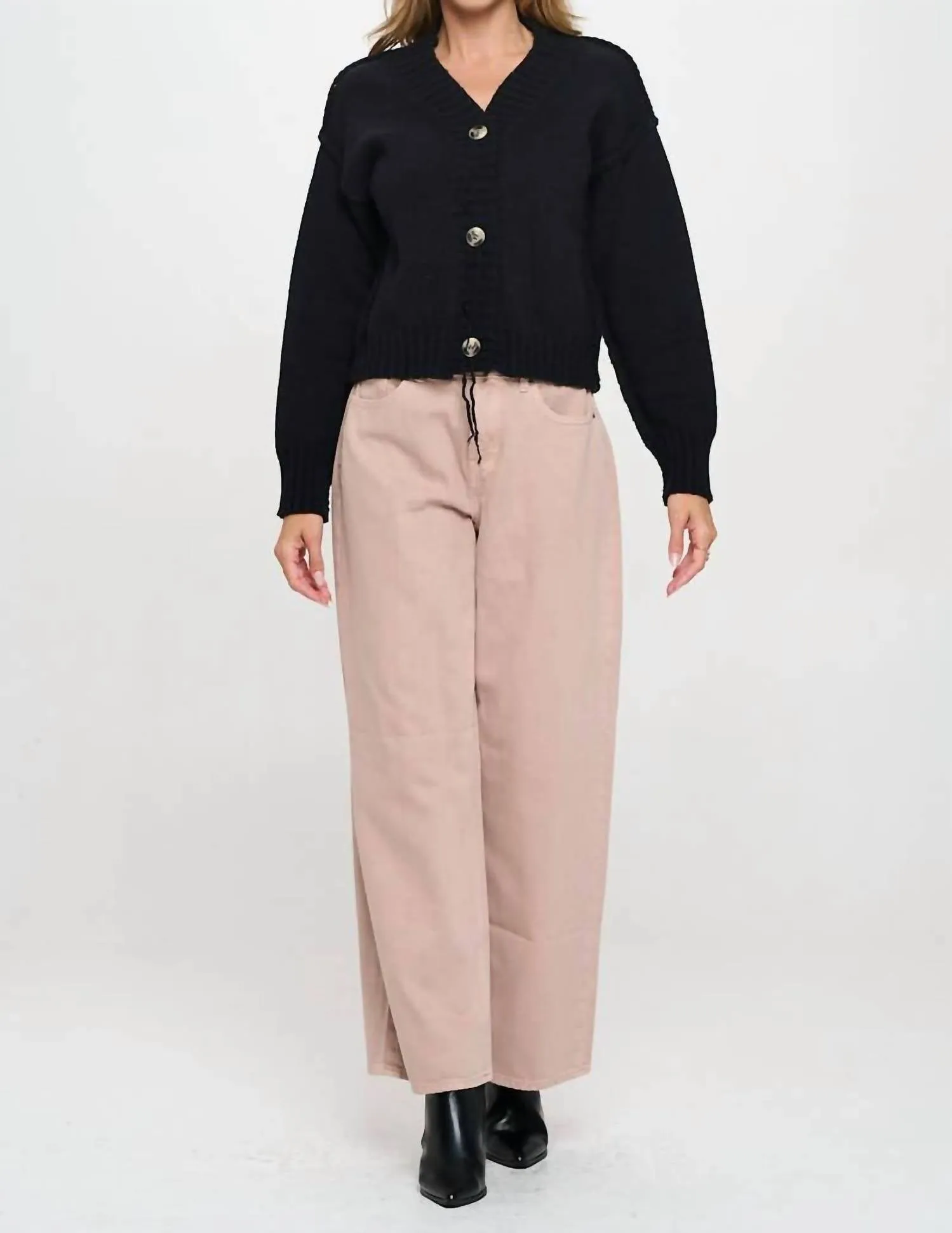 Thick Knit Long Sleeve Cardigan With Buttons In Black