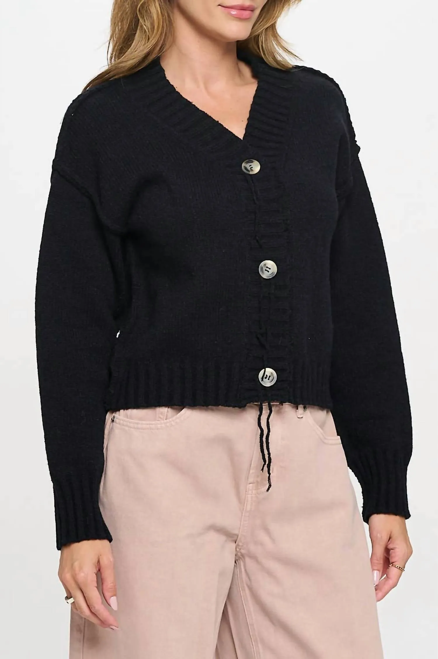 Thick Knit Long Sleeve Cardigan With Buttons In Black