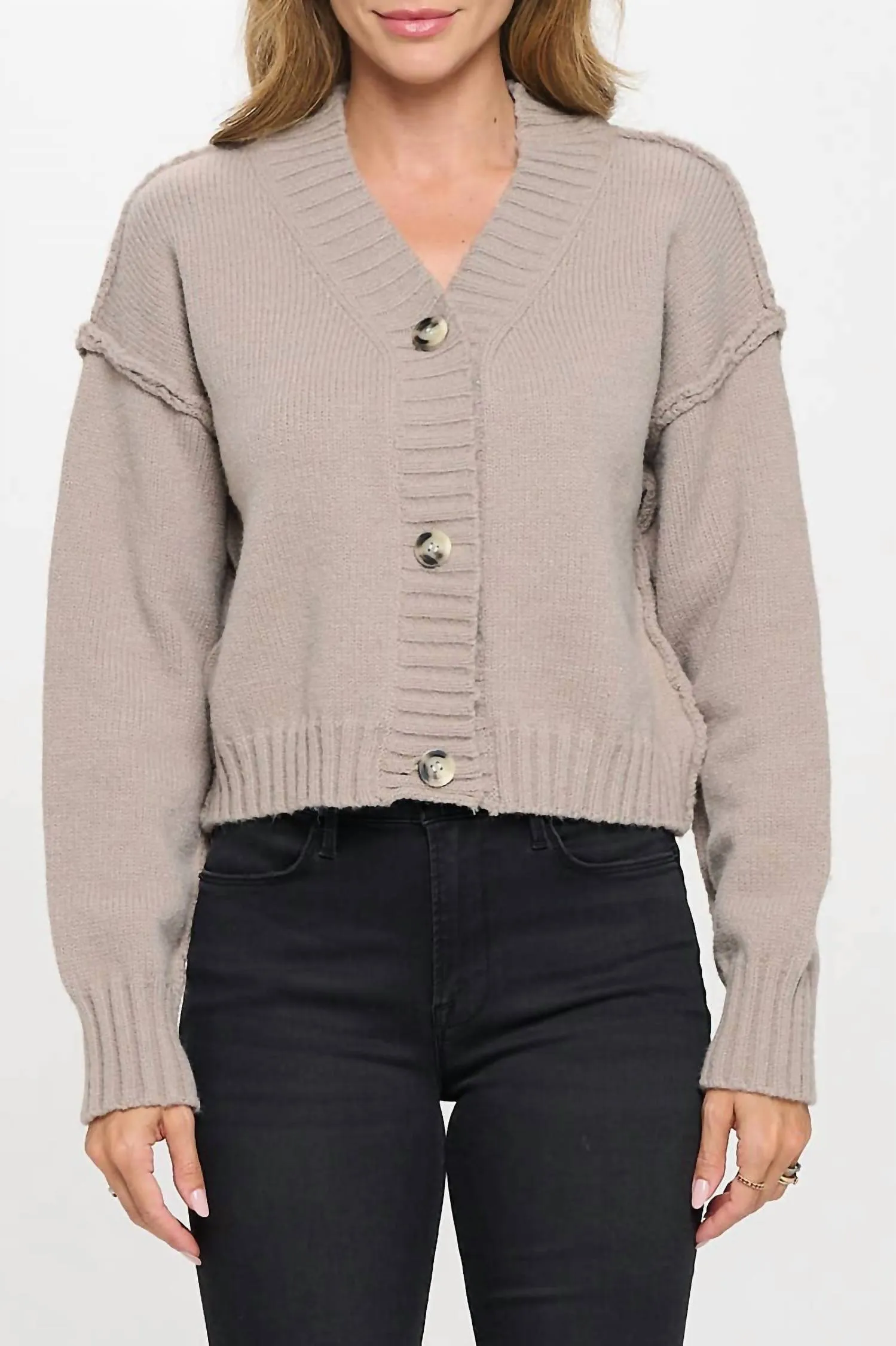 Thick Knit Long Sleeve Cardigan With Buttons In Taupe