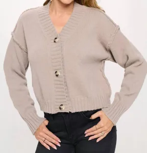 Thick Knit Long Sleeve Cardigan With Buttons In Taupe