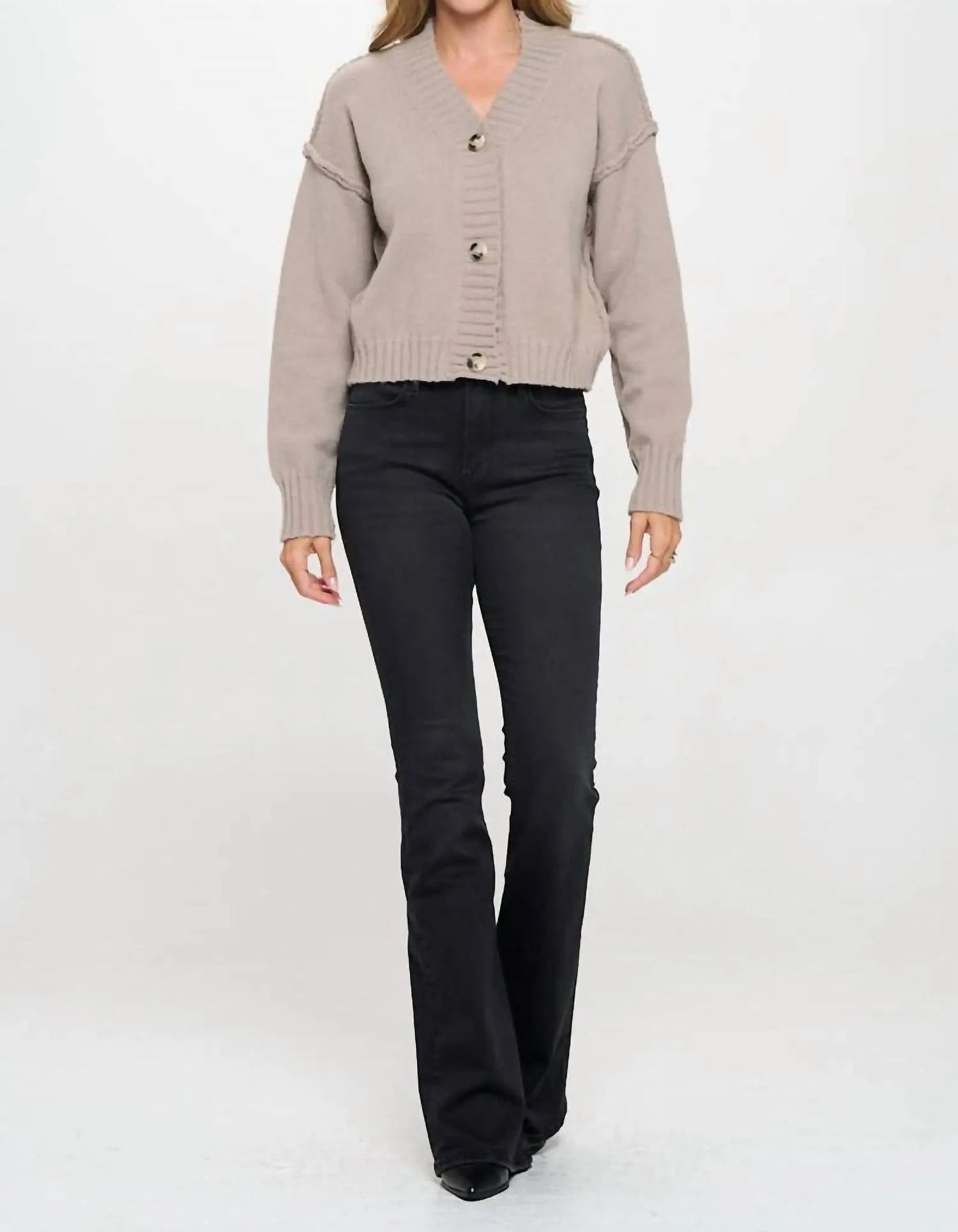 Thick Knit Long Sleeve Cardigan With Buttons In Taupe
