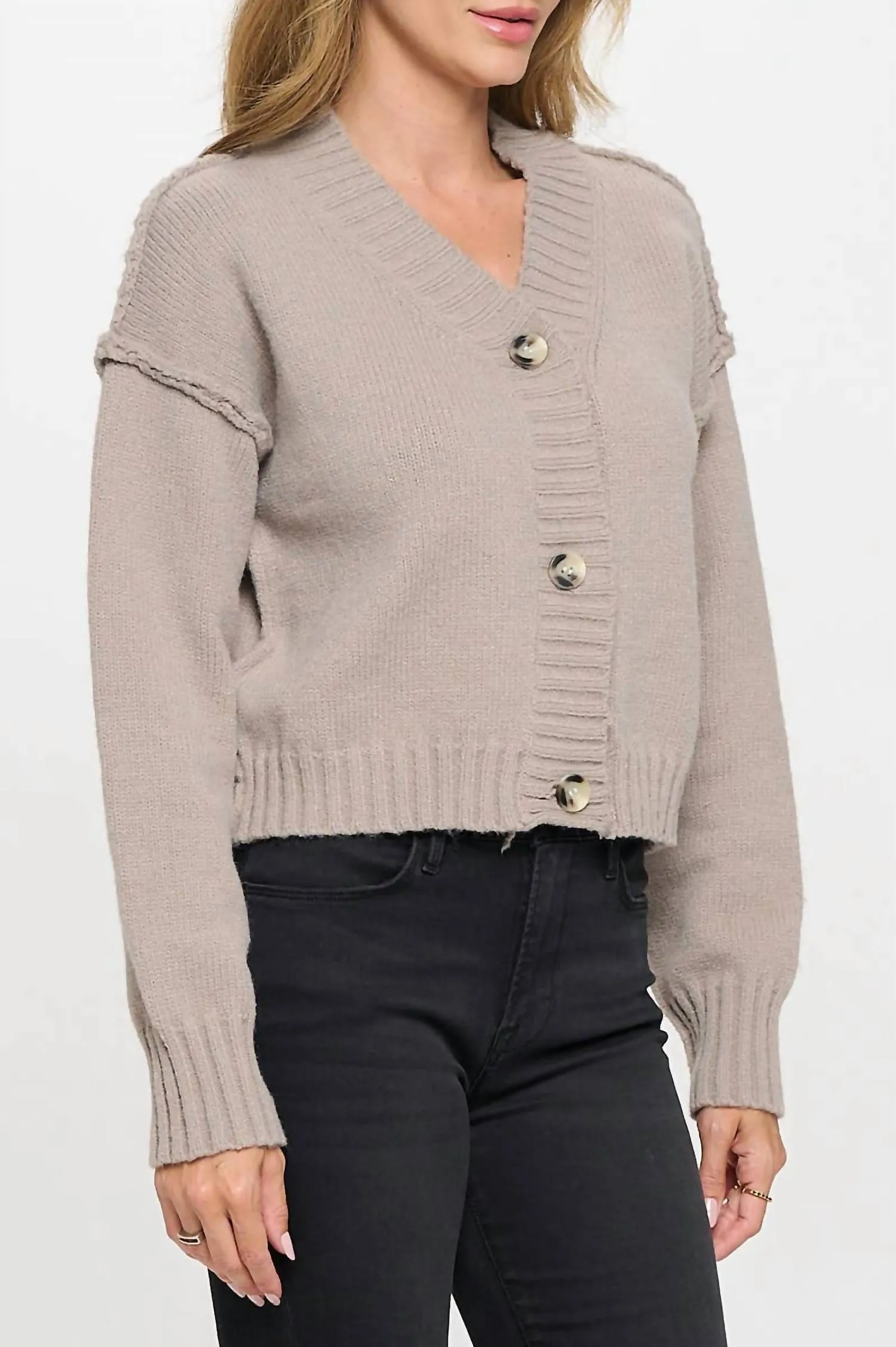 Thick Knit Long Sleeve Cardigan With Buttons In Taupe