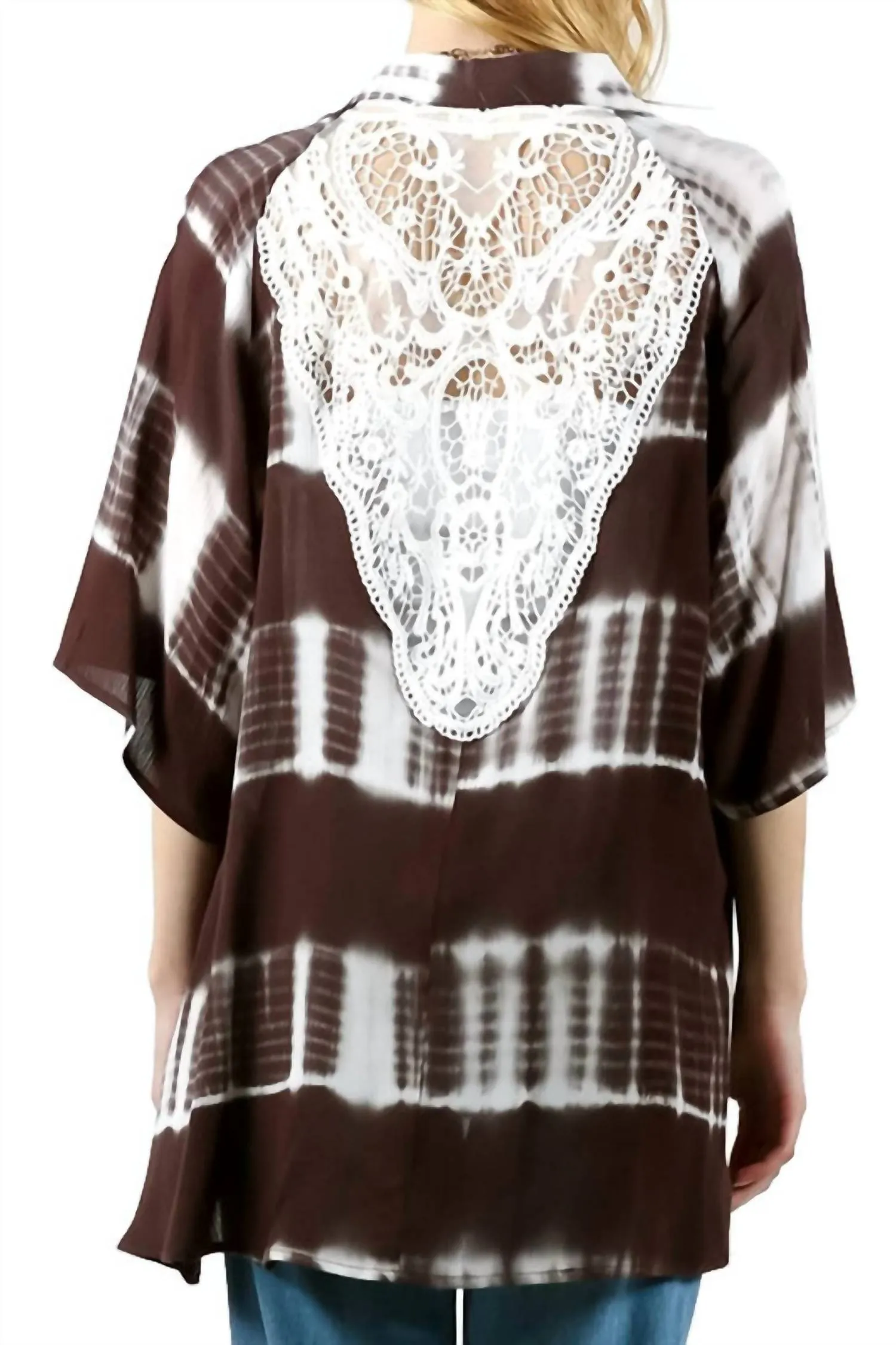 Tie Dye Lace Crochet Back Kimono In Olive