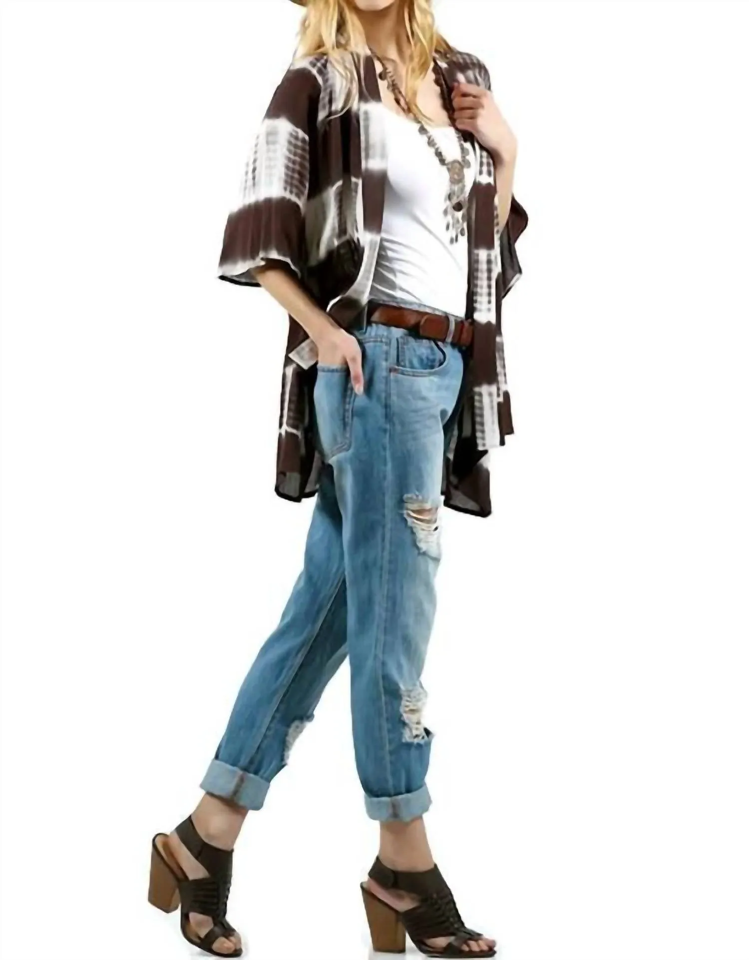 Tie Dye Lace Crochet Back Kimono In Olive