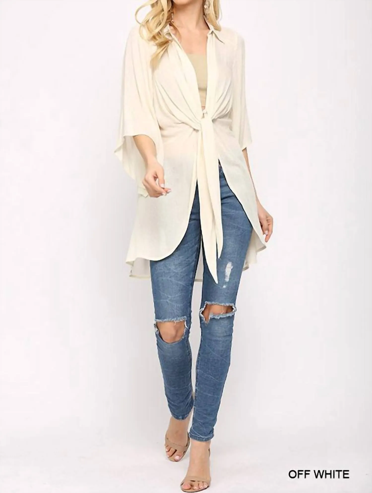 Tie Front Cardigan In Off-White