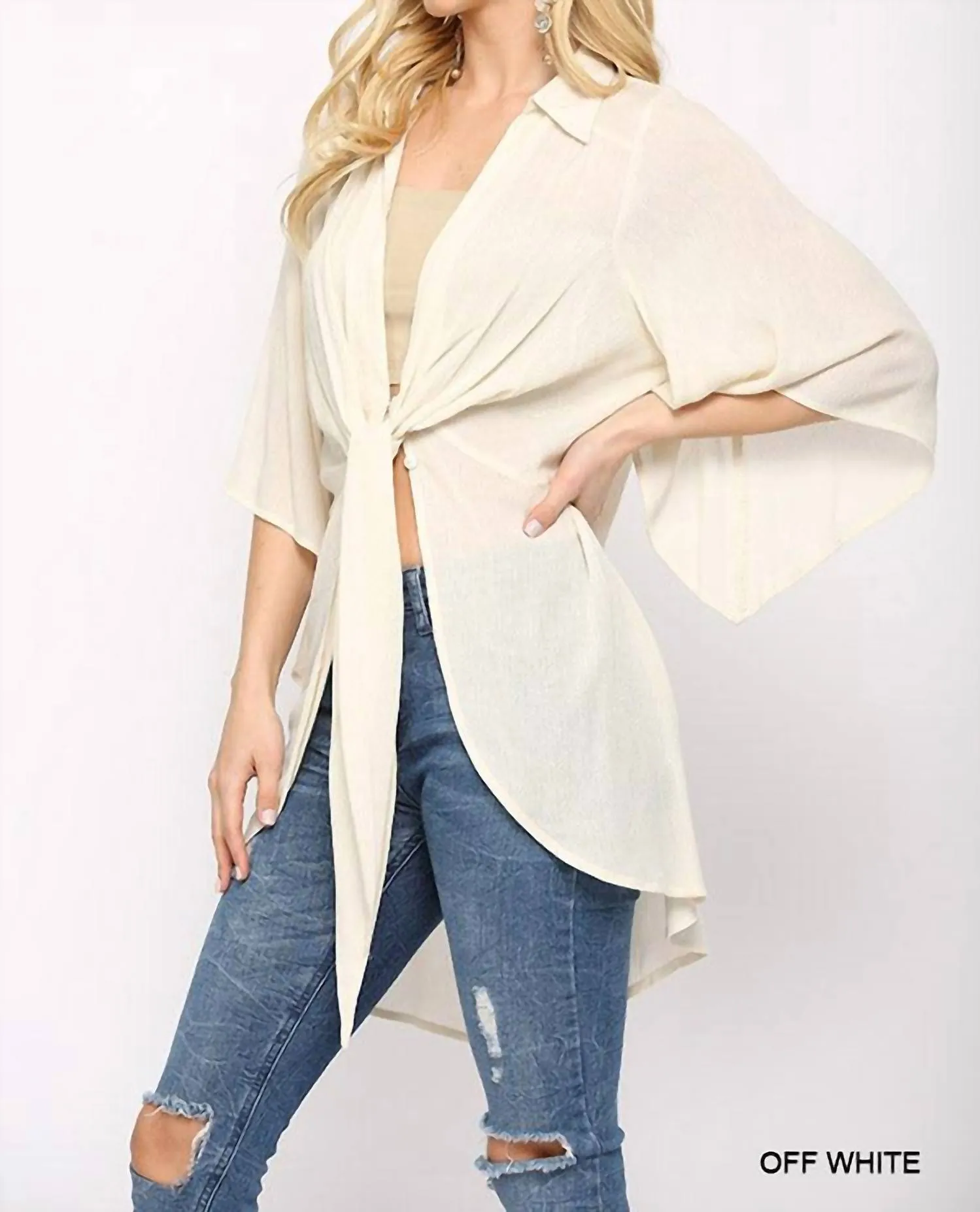 Tie Front Cardigan In Off-White