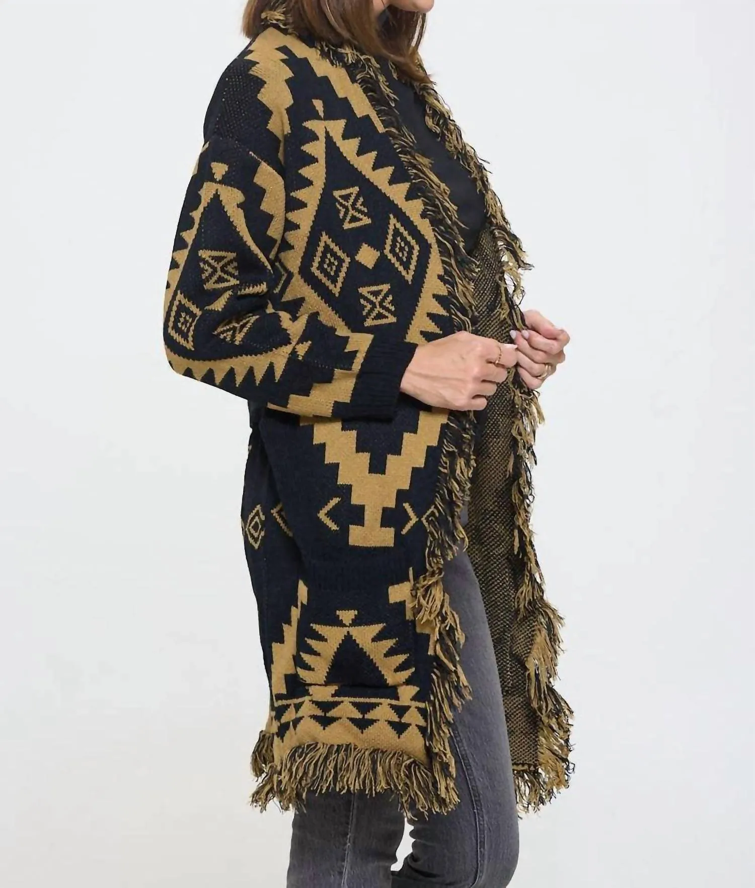 Tribal Print Cardigan With Fringe Detail And Tie In Taupe/black