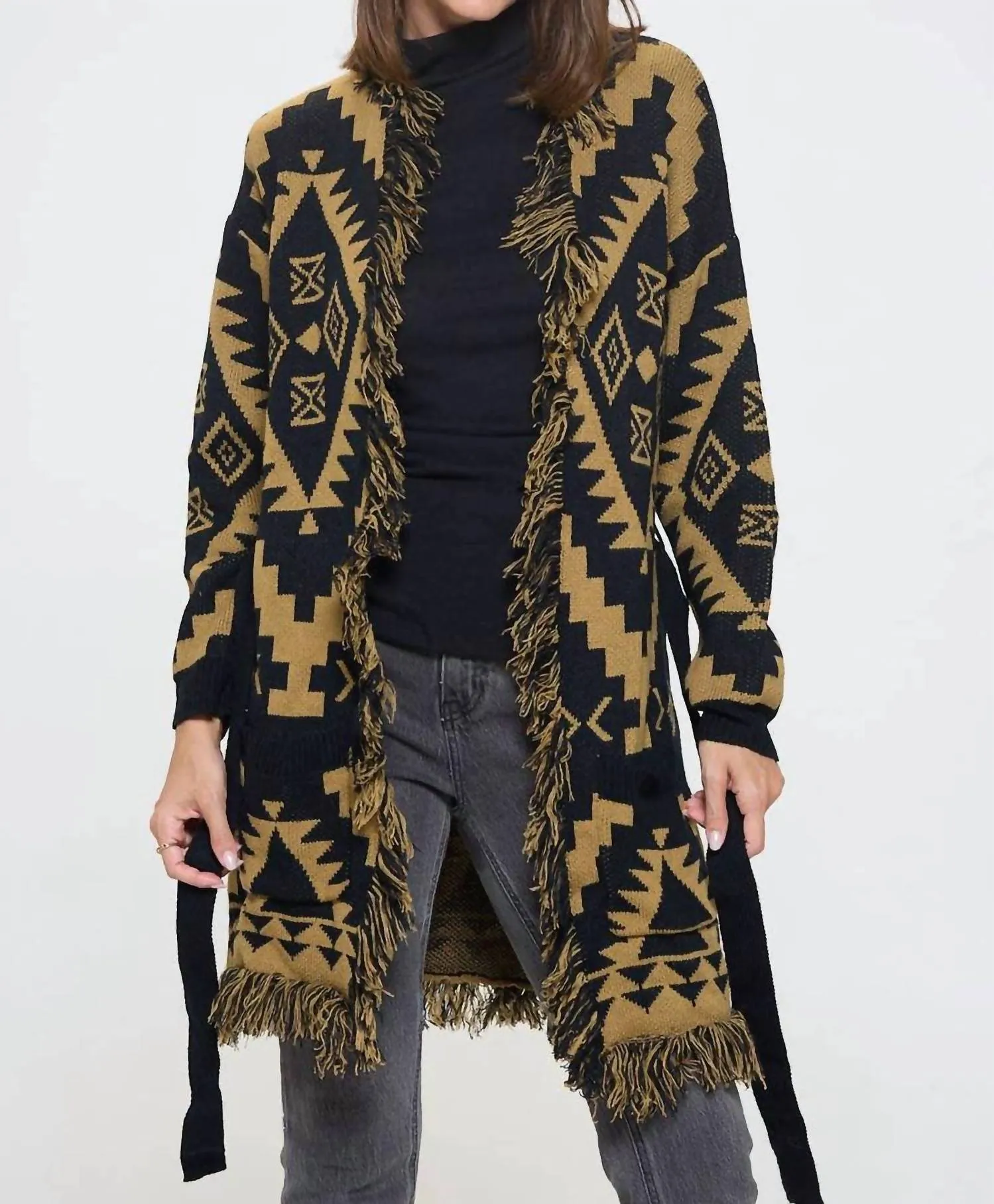 Tribal Print Cardigan With Fringe Detail And Tie In Taupe/black