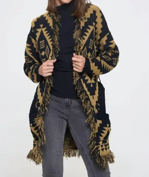 Tribal Print Cardigan With Fringe Detail And Tie In Taupe/black