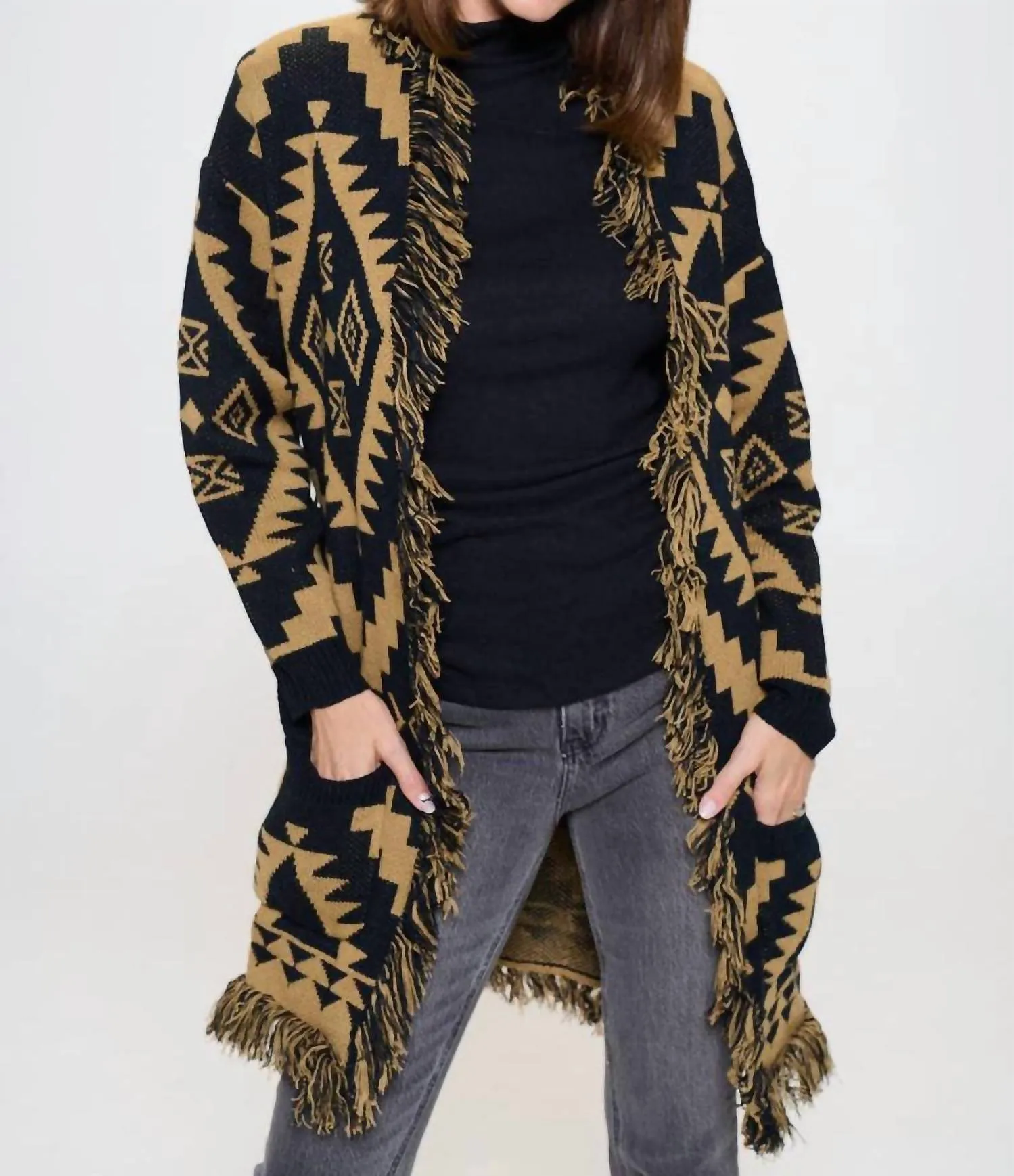 Tribal Print Cardigan With Fringe Detail And Tie In Taupe/black